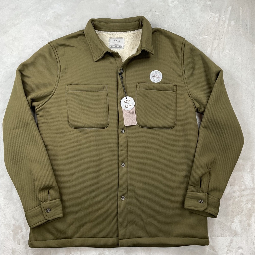 Nomad by Craft + Flow Mens Sherpa Lined Shirt Jacket Olive Green Waffle Knit L